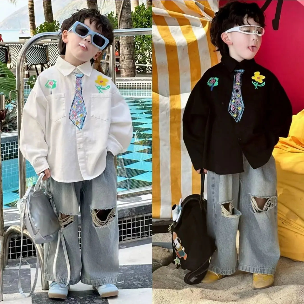 Boys Spring and Autumn Printed Fake Tie Shirt, Ripped Jeans 2-pcs Set New Graffiti Loose Fit Long Sleeve Thin Shirt Pant Suit