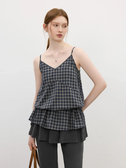 Stylish Retro Checkered Strappy Fitted Top for Women 2025 Summer New Arrival Tanks Camis V-neck suspenders 25FS12853