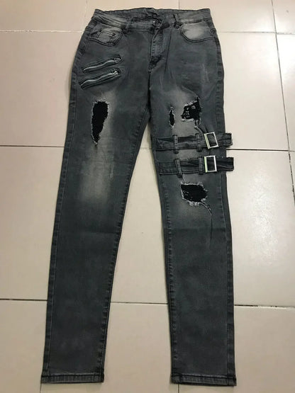 Retro Moto Biker Straight Elastic Jeans Men Zipper Hole Streetwear Punk Skinny Denim Cargo Pants Pantalones Hombre  Y2K Clothing