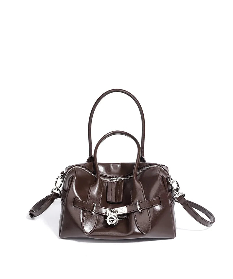 2025 Fall Winter New Top Grain Leather Spacious Boston Bag Lock Design Single Shoulder Crossbody Pack Women Commuting Handbag