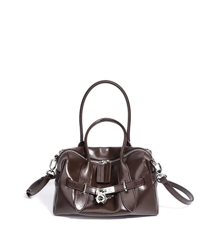 2025 Fall Winter New Top Grain Leather Spacious Boston Bag Lock Design Single Shoulder Crossbody Pack Women Commuting Handbag