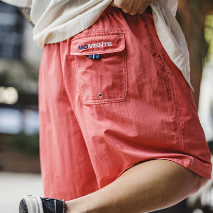 Men's American Retro Embroidered Woven Beach Shorts Lightweight Thin Five Inch Amekaji Style Daily Casual Summer Trousers