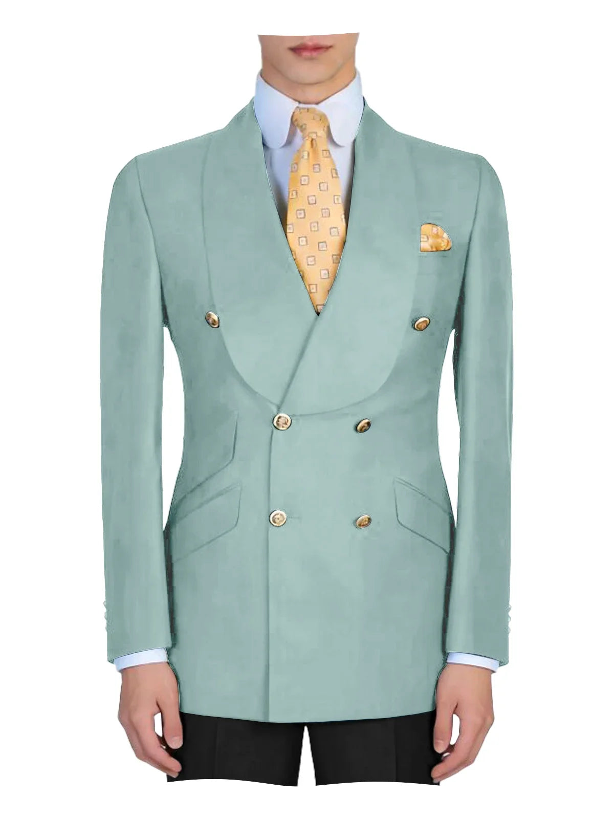 Mens Mint Green Double Breasted Blazer Slim Fit Shawl Collar Formal Sport Coat with Gold Buttons for Groom Prom Business Casual