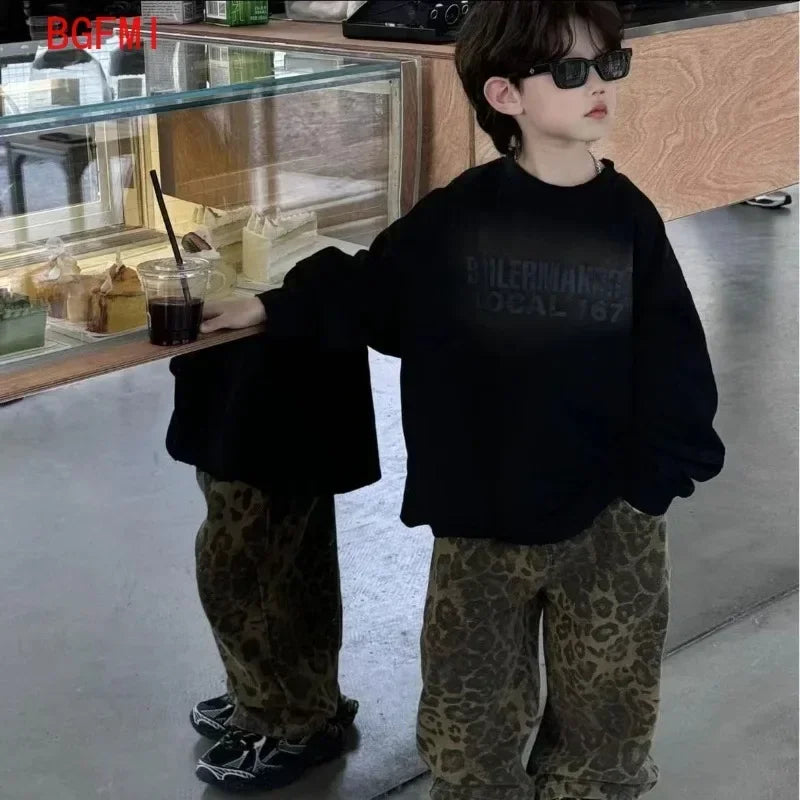 Boys Spring Autumn New Korean Children's Black Letter Sweatshirt + Leopard Vintage Denim Loose Pants Girl Kid Fashion 2pcs Set