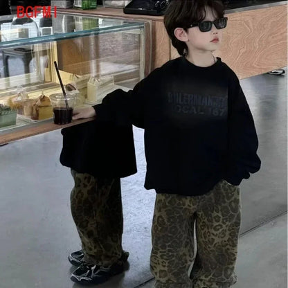 Boys Spring Autumn New Korean Children's Black Letter Sweatshirt + Leopard Vintage Denim Loose Pants Girl Kid Fashion 2pcs Set