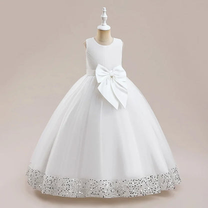 Fluffy Sequin Bridemaid Princess Girls Dress Elegant Bow Pink Wedding Prom Evening Kids Party Dresses for Girl Birthday Costumes