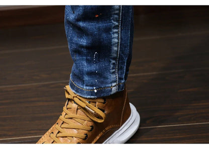 Fashion Designer Men Jeans Retro Blue Stretch Slim Fit Painted Ripped Jeans Men Korean Style Vintage Casual Denim Pants Hombre