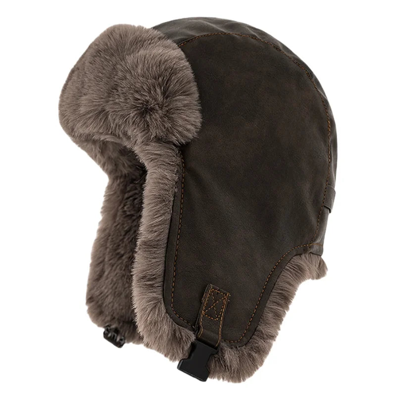 Men Winter Bomber Hat Outdoor Motorcycle Windproof Thicken Warm Faux Fur Pilot Earflap Hat Leather Thermal Ushanka