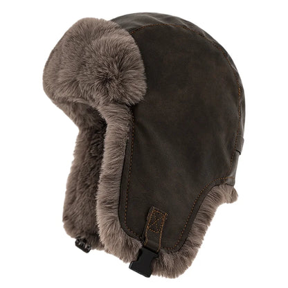 Men Winter Bomber Hat Outdoor Motorcycle Windproof Thicken Warm Faux Fur Pilot Earflap Hat Leather Thermal Ushanka