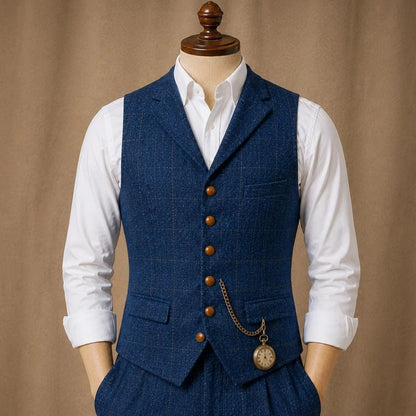 Men Vest Dark Blue Herringbone Checkered Single Button Waistcoat For Wedding Banquet Business Work Daily Casual Men Suit Vest