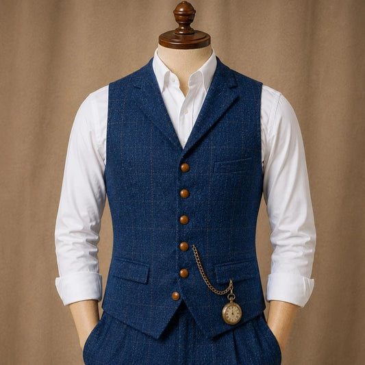 Men Vest Dark Blue Herringbone Checkered Single Button Waistcoat For Wedding Banquet Business Work Daily Casual Men Suit Vest