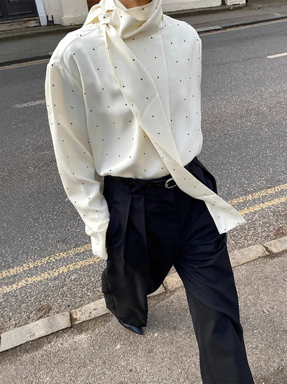 Satin Scarf Neck Polka Dot Printing Women Blouse Fashion Full Sleeve Loose Basic Shirt Lady Autumn New Highstreet Commute Wear