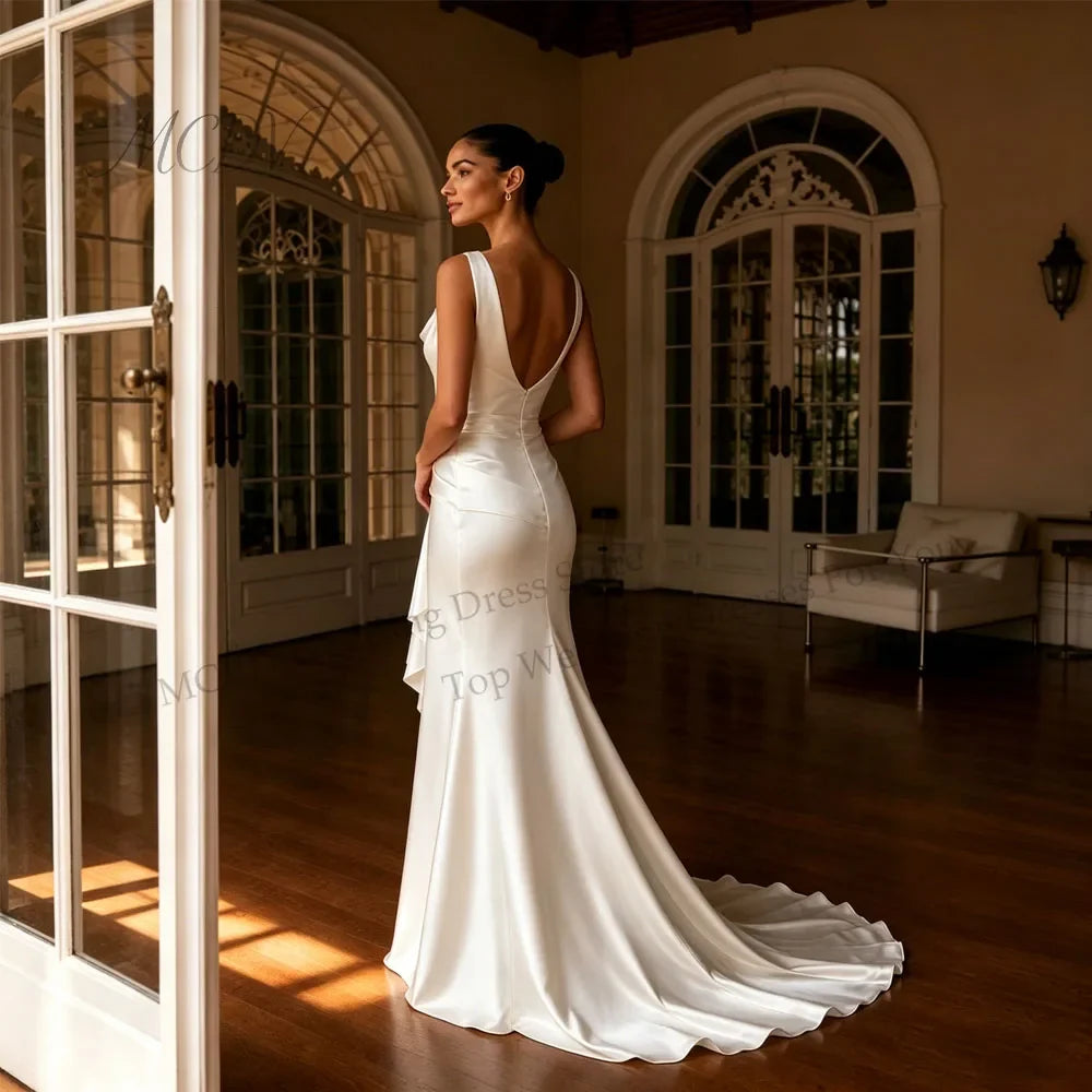 Simple Satin Wedding Dress 2026 Cowl Neck Mermaid Bridal Gown With Draped Sash Low Back Civil Wedding Reception Dress For Women