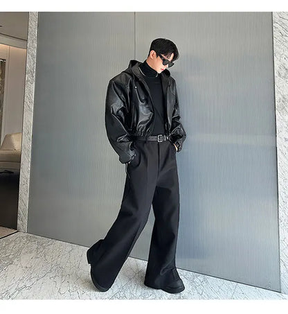 Spring Autumn Short Waterproof Black Pu Leather Jacket Men Hood Zipper High Waist Loose Casual Korean Fashion 2025