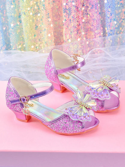 Women's girls' fashionable crystal bow high heels, student princess shoes