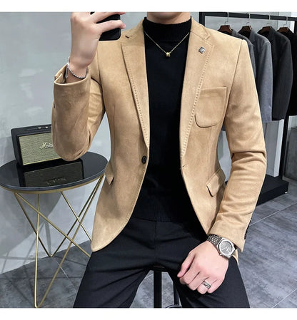 Plus Size 4XL-M Autumn Deerskin Velvet Jackets Blazer 6 Color Men Business Slim Blazers Hommes Casual Wedding Tuxedo Suit Coat