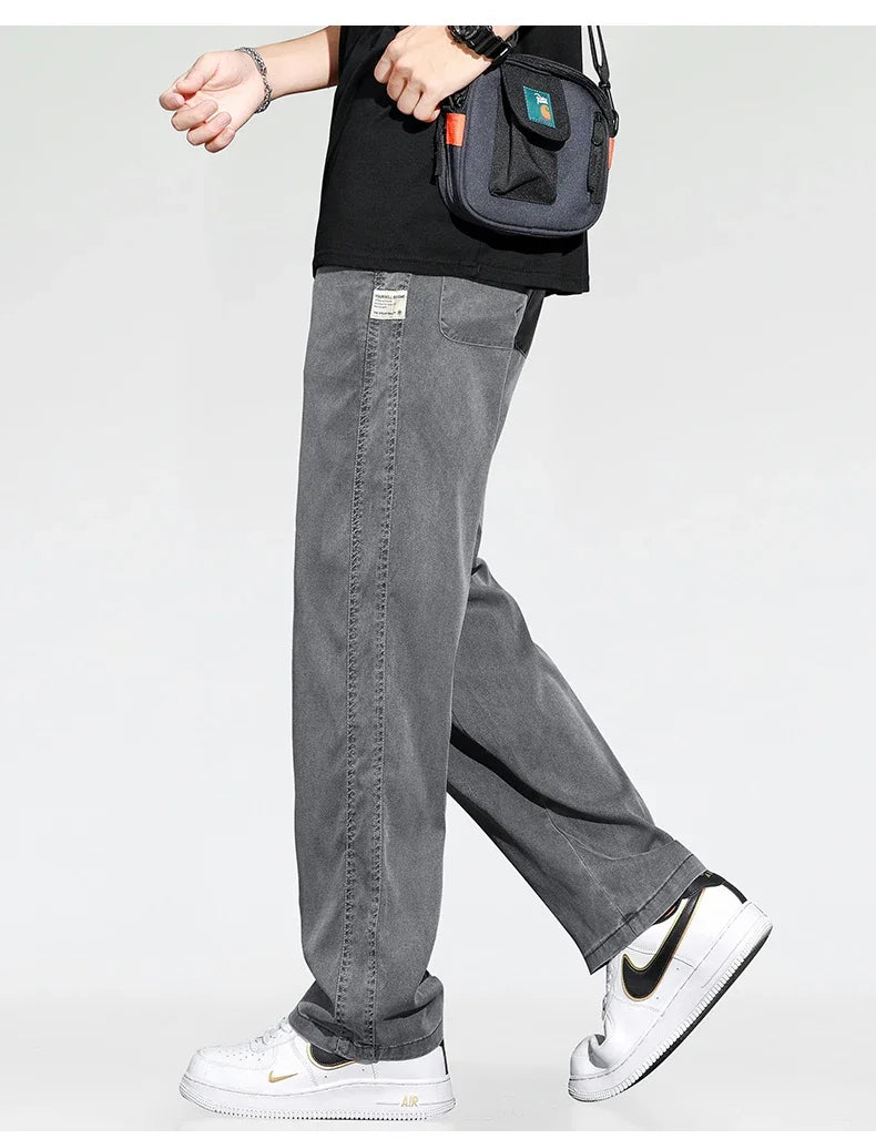 Summer Thin Loose Wide-leg Men Jeans Soft Lyocell Elastic Fashion Casual Straight Drawstring Denim Trousers Black Blue Gray