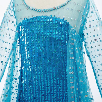 Children Carnival Blue Sequins Elsa Cosplay Dress Girls Elegant Blue Princess Costume Kids Halloween Birthday Party Clothes