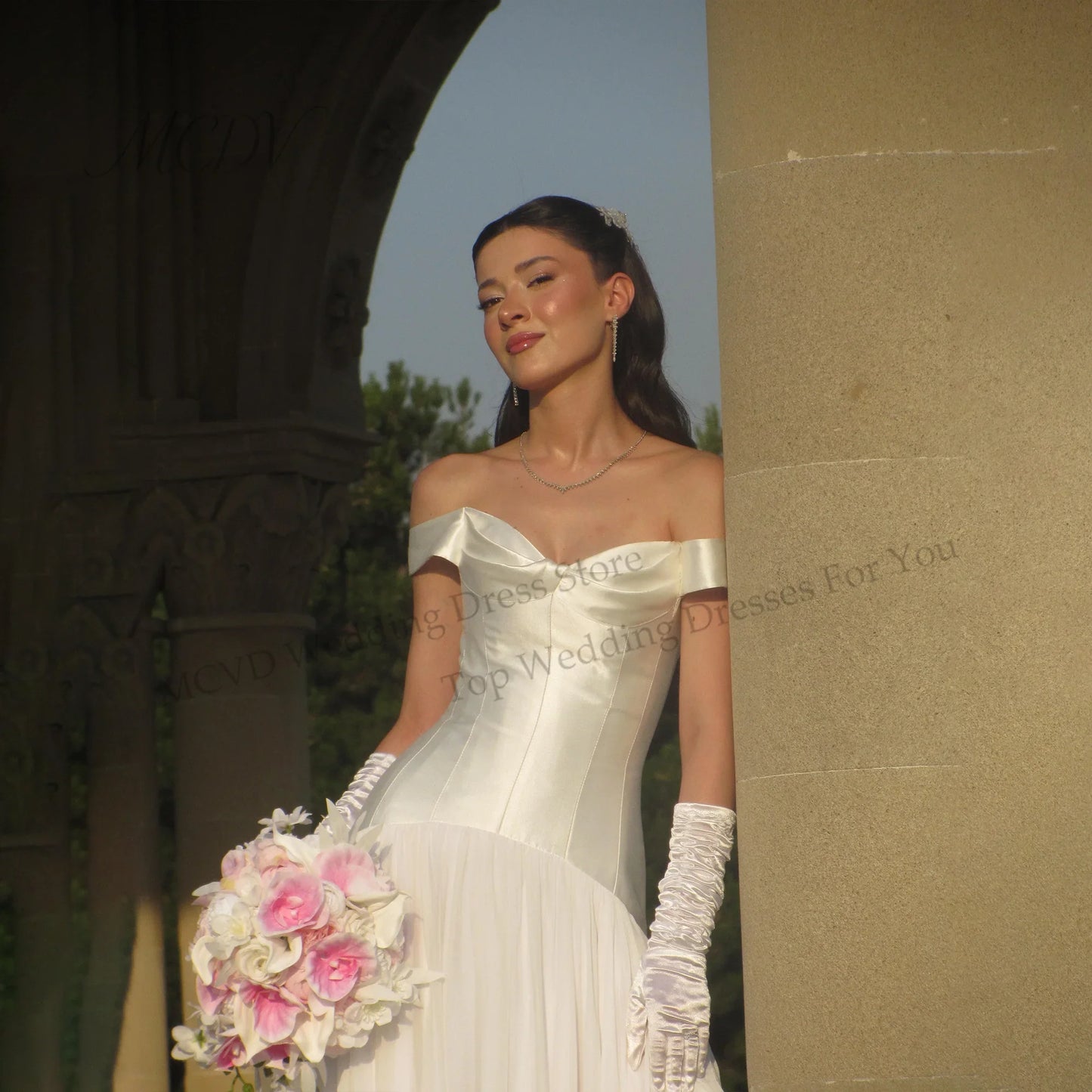 Off Shoulder Satin Wedding Dress Chiffon A Line Sweetheart Elegant Elopement Bride Dress Corset vestidos de novia Customized