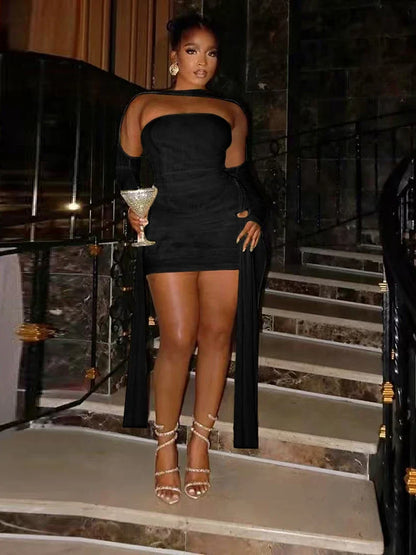 Mesh Simple Mini Dress Fashion Solid Strapless Ribbons Tassel Body-shaping Vestidos+Seperately Full Sleeve Gloves