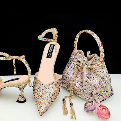 New Gold Glitter Fabric Pointed Toe High Heels With A Variety Of Shapes Of Rhinestones Fashion Party Ladies Shoes And Bag