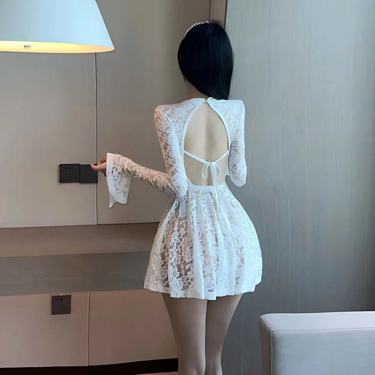 Women's Autumn Mesh Lace Hollow Out White Short Dress Women Micro Flare Sleeve See Through Translucent Sexy Girl's Mini Dress