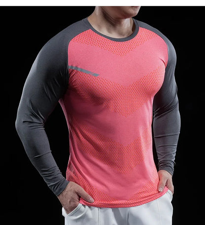 Autumn Winter Men Gym Fitness Display Long Sleeve T-Shirt Crew Neck Elastic Moisture Wicking Tights Running Training Bottom Top