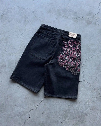 Men Dark Wash Denim Shorts Back Pocket Cherry Blossom Embroidered Loose Fit Knee Length Vintage Streetwear Casual Summer Wear