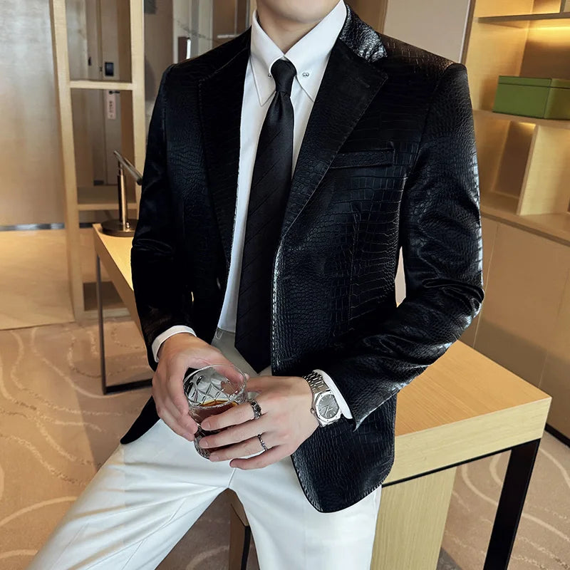 New High Quality Crocodile Stripe Slim Fit Leather Jacket Classic Business Casual Slim Fit Men Blazer Tuxedos Men Clothing 4XL-M