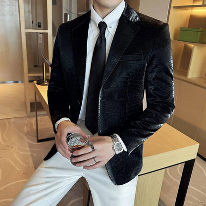 New High Quality Crocodile Stripe Slim Fit Leather Jacket Classic Business Casual Slim Fit Men Blazer Tuxedos Men Clothing 4XL-M