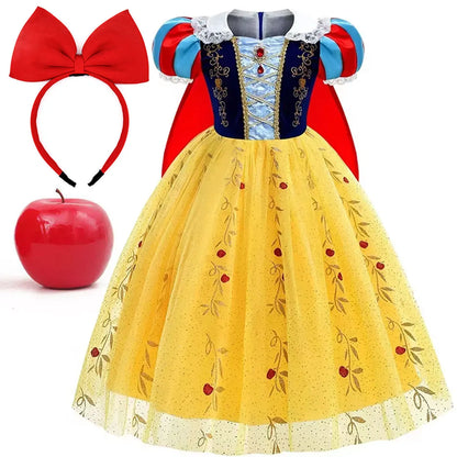 2026 Disney Girl Cosplay Snow White Dress Yellow Luxury Costume With Cloak Holiday Party Gift For Girl Dress + Apple Accessories