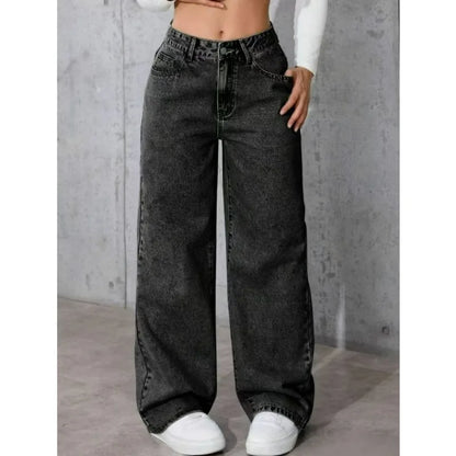 Women's Classic Wide Leg Stretch Jeans with Button  Soft Comfortable Autumn Winter Vintage Wash Stylish Jeans High Street Pants