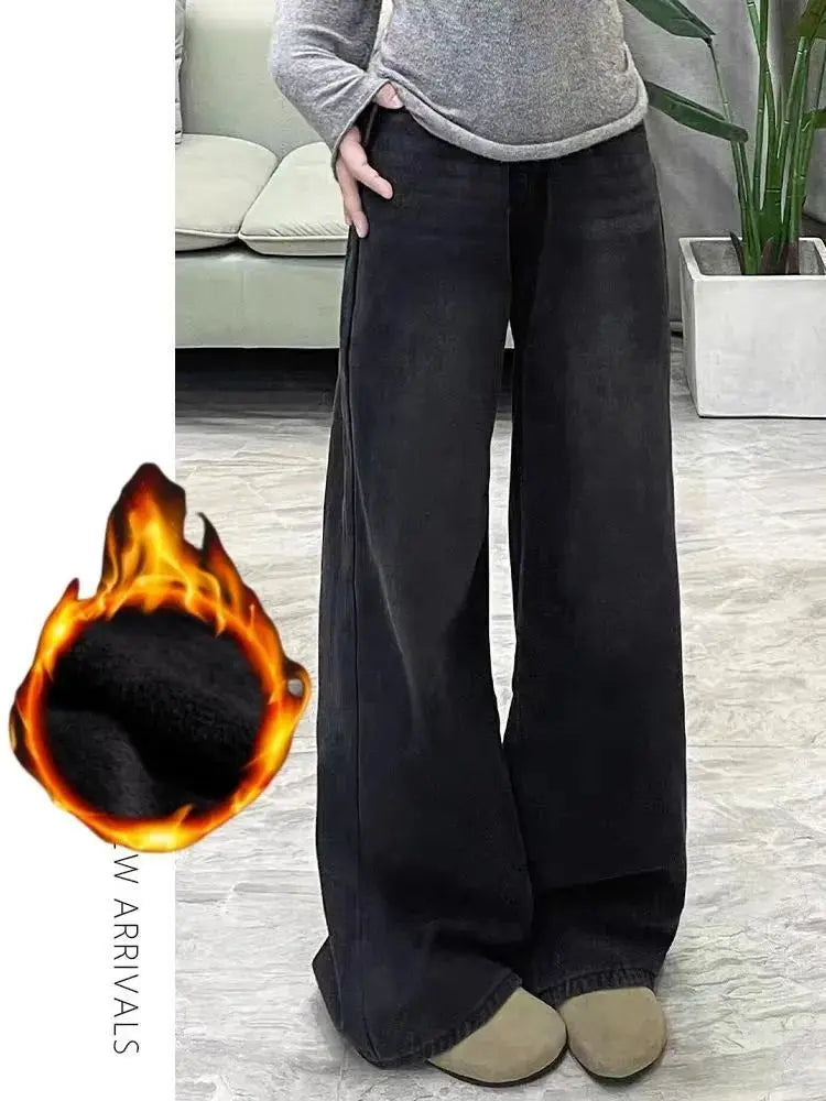 Womens Jeans Y2k Jeans Flared Trousers Black Gray Straight Leg Winter Warm Fleece Lined Loose Fit High Waist Wide Leg Fashion