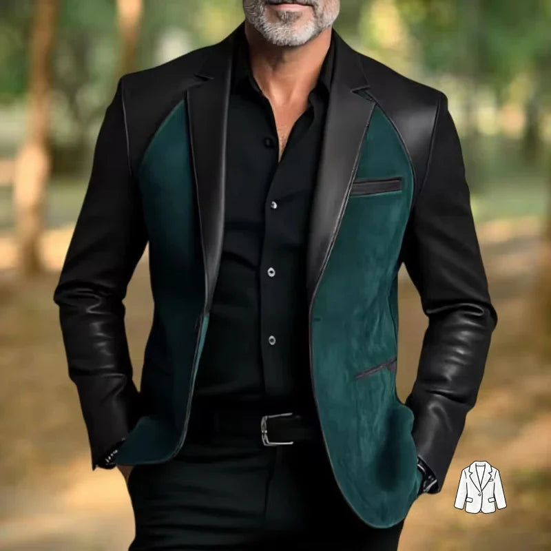 Retro Men's Faux Suede Jacket with PU Leather Collar & Shoulder 2 Buttons Two-Tone Blazer Contrast Trim Coat