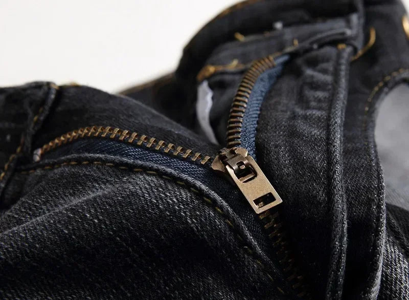 Men's New Casual Motorcycle Jeans Hip Hop Street Riding Stretch Slim Fit Straight Pants Patchwork Fashion Denim Trousers Male