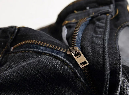 Men's New Casual Motorcycle Jeans Hip Hop Street Riding Stretch Slim Fit Straight Pants Patchwork Fashion Denim Trousers Male
