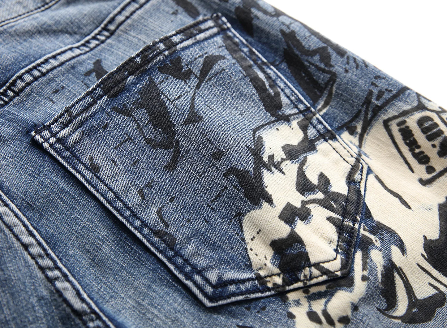 2026 Men's Blue 3D Printing Jeans, Black Wolf Pattern Printed Punk Straight Cotton Casual Print Denim Pants Asian Size 28-42