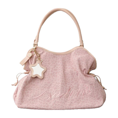Women Leopard Print One Shoulder Armpit Bag Embroidered Letter Large Capacity Tote Bag Ladies Drawstring Versatile Underarm Bags