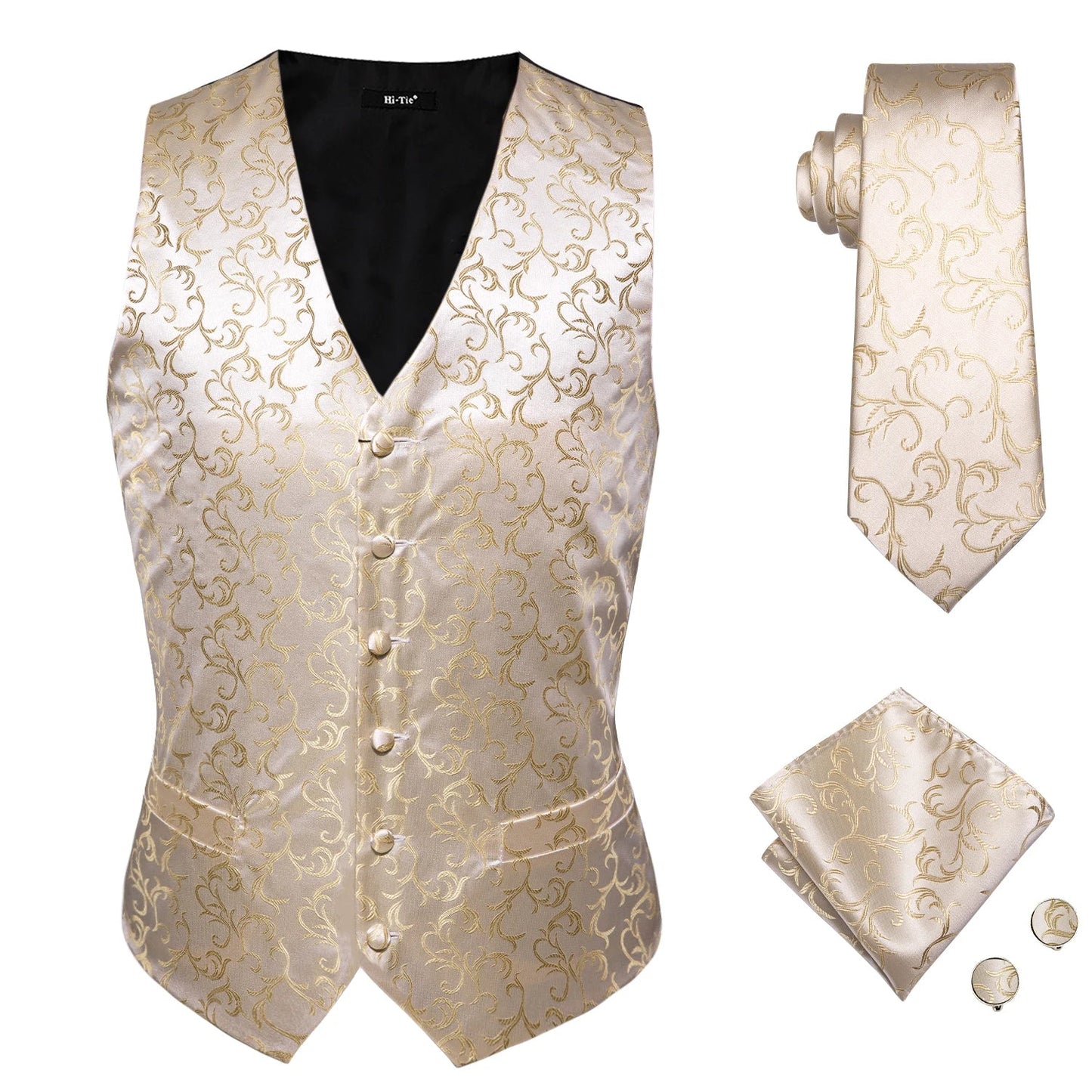 Designer Beige Champagne Ivory Khaki Mens Vest Necktie Set Jacquard Waistcoat Jacket Tie Hankerchief Cufflinks for Men Gift