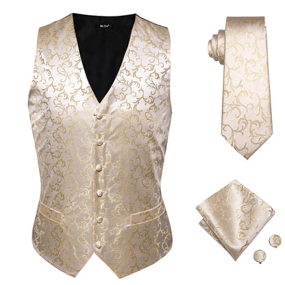 Designer Beige Champagne Ivory Khaki Mens Vest Necktie Set Jacquard Waistcoat Jacket Tie Hankerchief Cufflinks for Men Gift