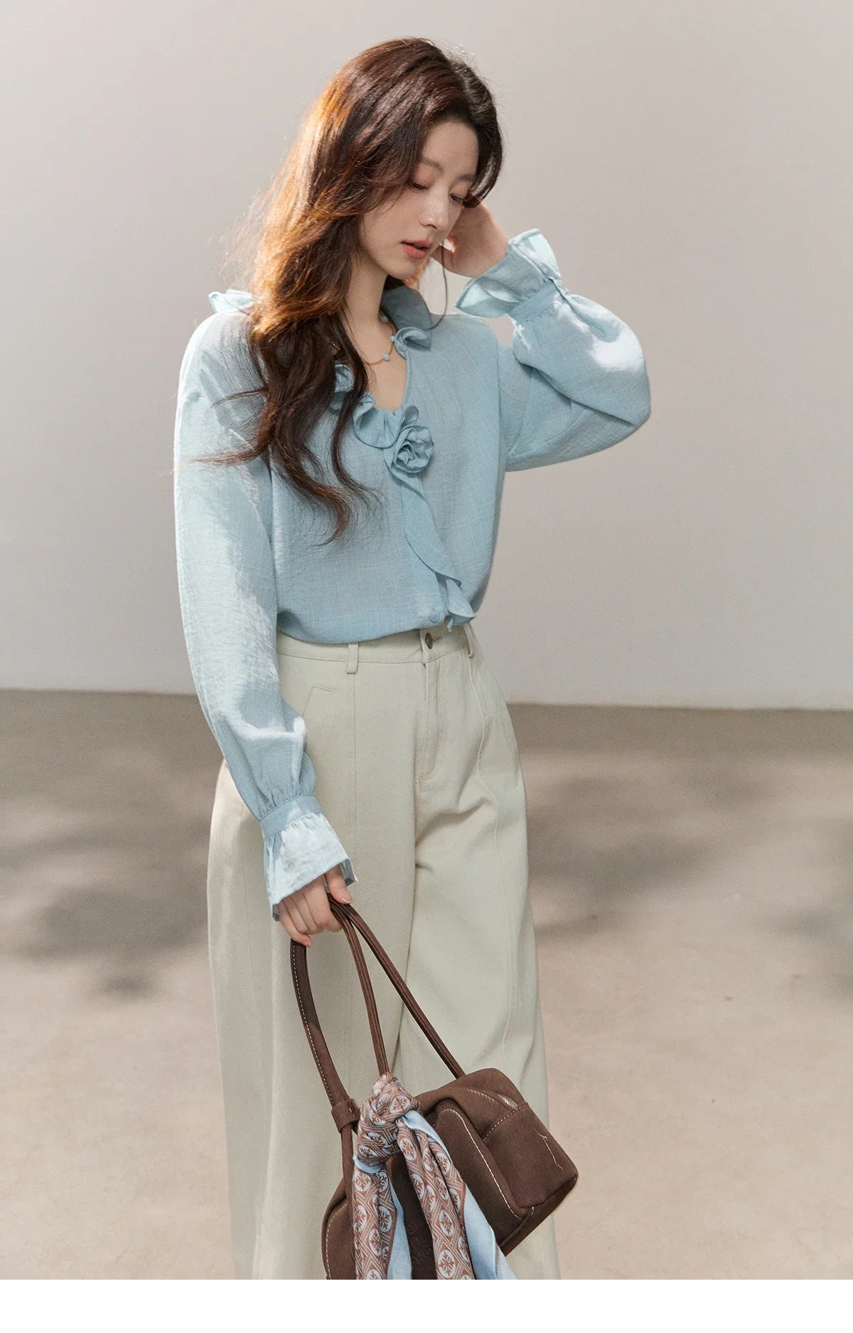 Women's Asymmetric Ruffled V-neck Shirt Spring Light Blue Floral Applique Ruffle Cuffs Top Elegant Loose Shirt MXF14C2448
