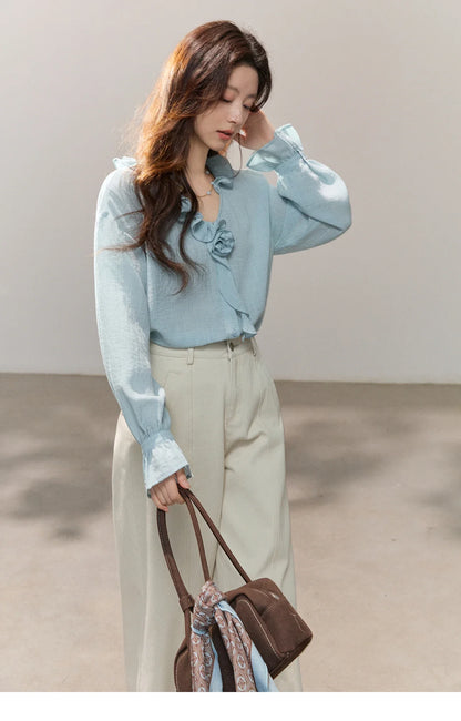 Women's Asymmetric Ruffled V-neck Shirt Spring Light Blue Floral Applique Ruffle Cuffs Top Elegant Loose Shirt MXF14C2448