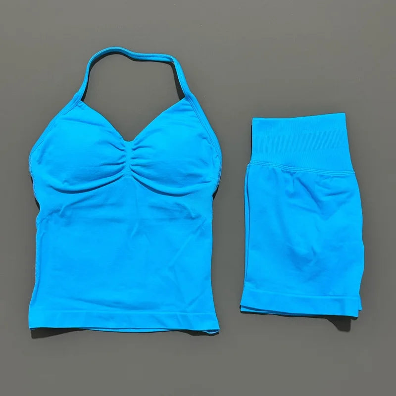 2 Piece Sports Set Women Seamless Yoga Tank With Removable Pads Top Scrunch Butt Workout Leggings Suit Gym Sports Sets
