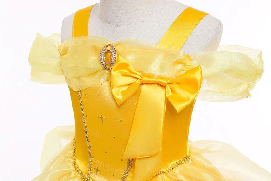 Beauty Belle Princess Cosplay Dress Girl Yellow Floral Off Shoulder Mesh Kid LED Light Halloween Costume Birthday Surprise Gift