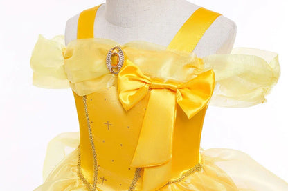 Beauty Belle Princess Cosplay Dress Girl Yellow Floral Off Shoulder Mesh Kid LED Light Halloween Costume Birthday Surprise Gift