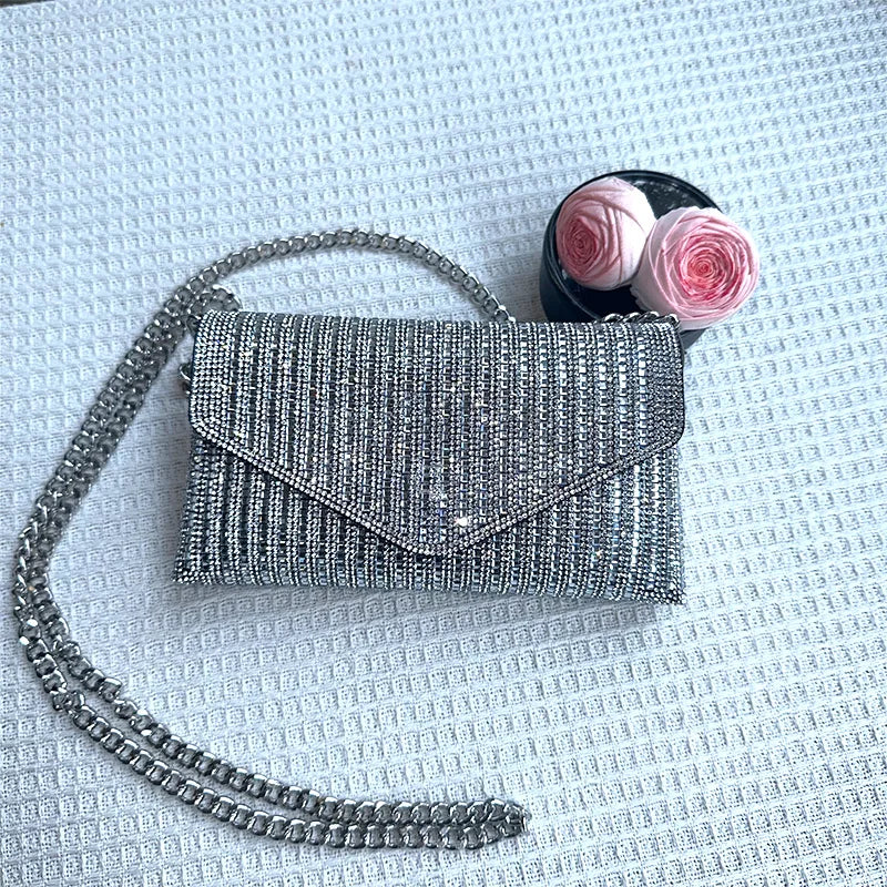 Rhinestones Bag for Women 2024 Mini Purses and Handbags Clutch Wallets Ladies PU Leather Chain Party Evening Shoulder Bag
