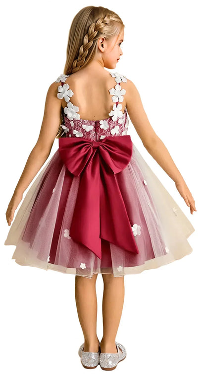 Snvdzo Princess Girls Lace Flower Girl Dress 3D Floral Sleeveless Tulle Princess Wedding Pageant Party Dresses 2026 with Big Bow