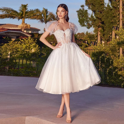Customized Vintage Short Wedding Dresses Customized Tea Length Reception Gown  Sleeves Little White Dress Robe De Mariee