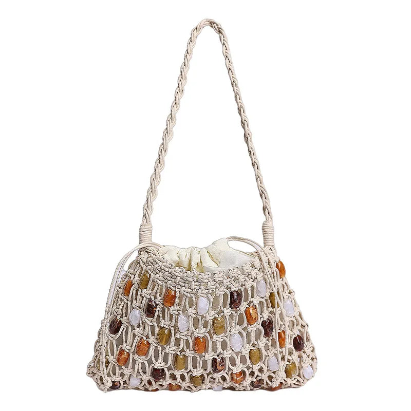 Hollow Beading Women Shoulder Bag Rope Knitting Handbags Bohemian Crochet Mesh Bags for Women Small Woven Beach Bag Flap Tote