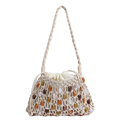 Hollow Beading Women Shoulder Bag Rope Knitting Handbags Bohemian Crochet Mesh Bags for Women Small Woven Beach Bag Flap Tote
